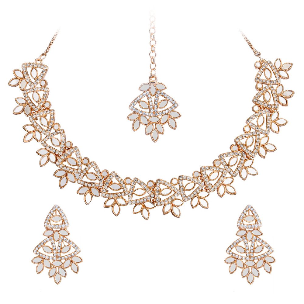 Bodha Traditional Indian Rose Gold Plated Kundan, AD, Crystal, CZ Design Necklace Combo with Maang Tikka and Earrings Jewellery/Jewelry Set for Women (SJN_184_RG)