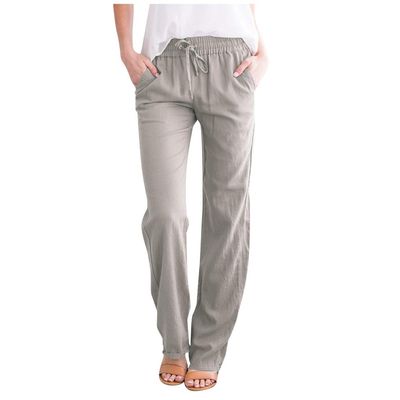 Women Linen Pants Dressy Casual Straight Leg High Elastic Waist Beach Trousers Trendy Drawstring Relaxed Fit Pant with Pocket