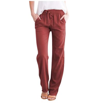 Women Linen Pants Dressy Casual Straight Leg High Elastic Waist Beach Trousers Trendy Drawstring Relaxed Fit Pant with Pocket