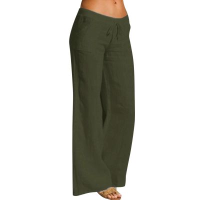 Women Linen Pants Dressy Casual Straight Leg High Elastic Waist Beach Trousers Trendy Drawstring Relaxed Fit Pant with Pocket