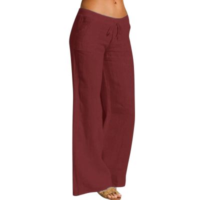 Women Linen Pants Dressy Casual Straight Leg High Elastic Waist Beach Trousers Trendy Drawstring Relaxed Fit Pant with Pocket