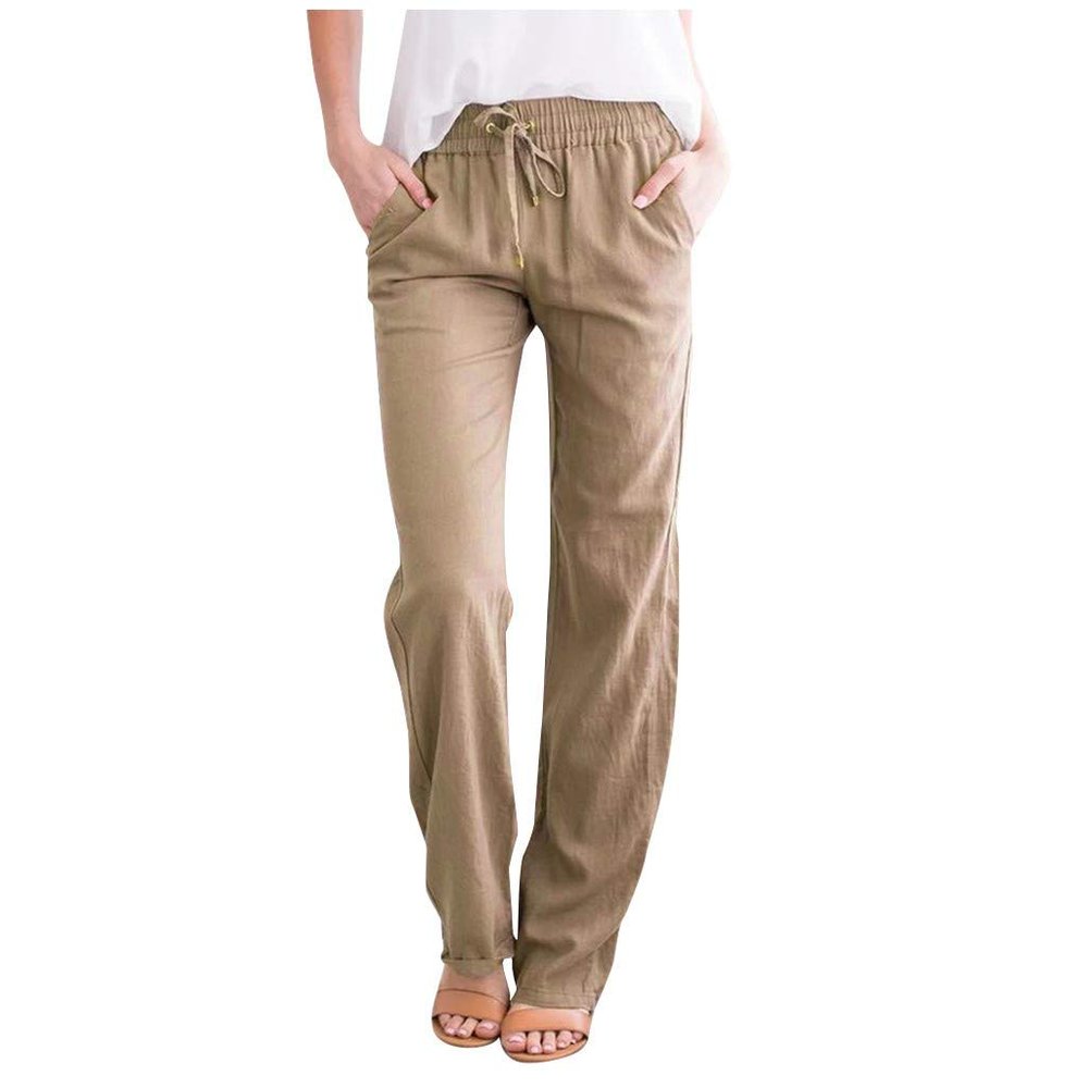 Women Linen Pants Dressy Casual Straight Leg High Elastic Waist Beach Trousers Trendy Drawstring Relaxed Fit Pant with Pocket