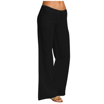 Women Linen Pants Dressy Casual Straight Leg High Elastic Waist Beach Trousers Trendy Drawstring Relaxed Fit Pant with Pocket