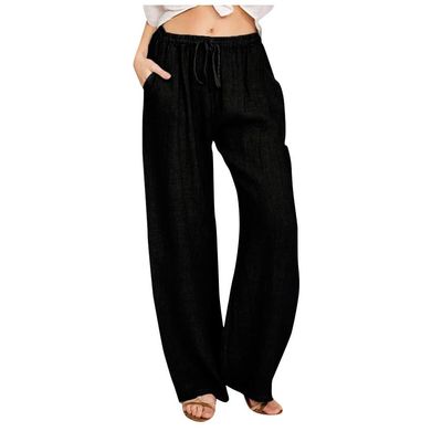 Women Linen Pants Dressy Casual Straight Leg High Elastic Waist Beach Trousers Trendy Drawstring Relaxed Fit Pant with Pocket