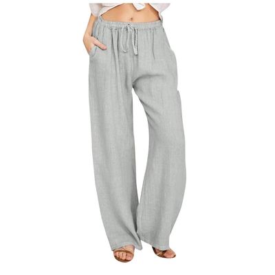 Women Linen Pants Dressy Casual Straight Leg High Elastic Waist Beach Trousers Trendy Drawstring Relaxed Fit Pant with Pocket