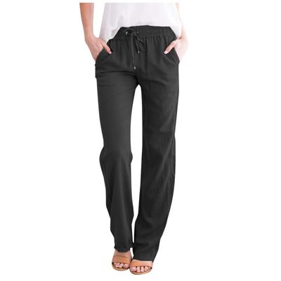 Women Linen Pants Dressy Casual Straight Leg High Elastic Waist Beach Trousers Trendy Drawstring Relaxed Fit Pant with Pocket