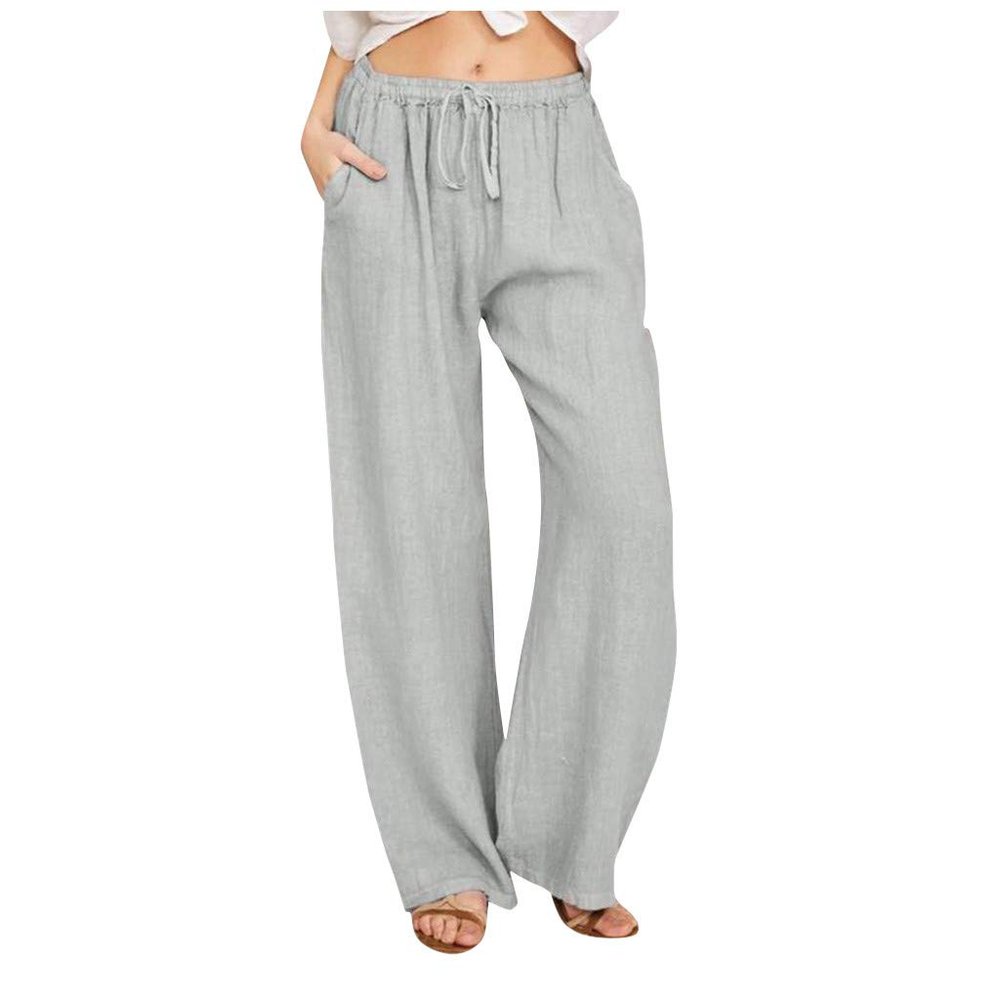 Women Linen Pants Dressy Casual Straight Leg High Elastic Waist Beach Trousers Trendy Drawstring Relaxed Fit Pant with Pocket