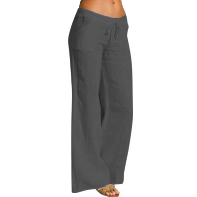 Women Linen Pants Dressy Casual Straight Leg High Elastic Waist Beach Trousers Trendy Drawstring Relaxed Fit Pant with Pocket