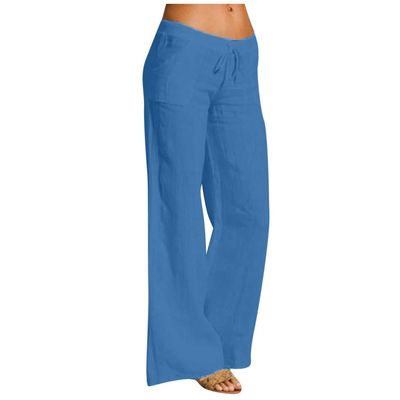 Women Linen Pants Dressy Casual Straight Leg High Elastic Waist Beach Trousers Trendy Drawstring Relaxed Fit Pant with Pocket A5-Blue Medium