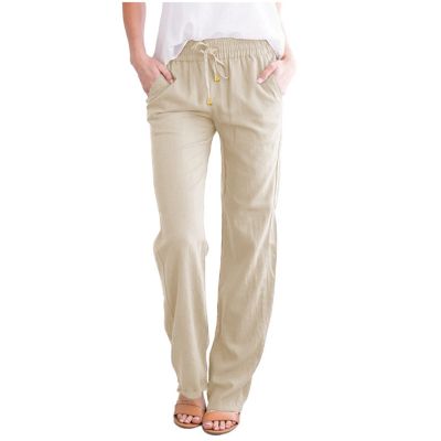 Women Linen Pants Dressy Casual Straight Leg High Elastic Waist Beach Trousers Trendy Drawstring Relaxed Fit Pant with Pocket A3-Beige