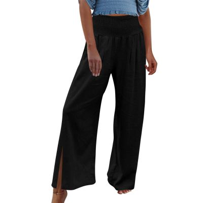 Women Linen Pants Dressy Casual Straight Leg High Elastic Waist Beach Trousers Trendy Drawstring Relaxed Fit Pant with Pocket