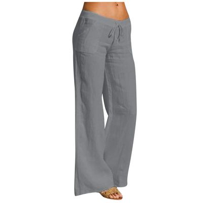 Women Linen Pants Dressy Casual Straight Leg High Elastic Waist Beach Trousers Trendy Drawstring Relaxed Fit Pant with Pocket