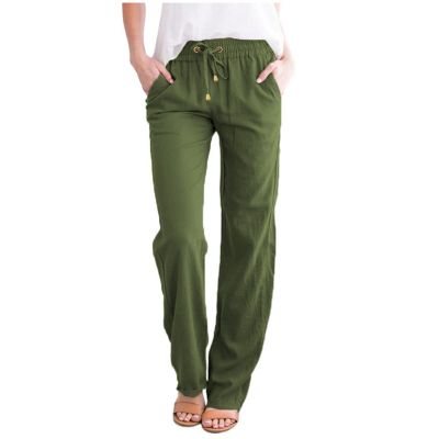 Women Linen Pants Dressy Casual Straight Leg High Elastic Waist Beach Trousers Trendy Drawstring Relaxed Fit Pant with Pocket