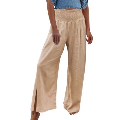 Women Linen Pants Dressy Casual Straight Leg High Elastic Waist Beach Trousers Trendy Drawstring Relaxed Fit Pant with Pocket