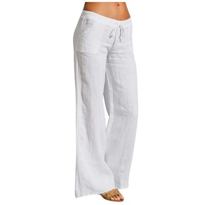 Women Linen Pants Dressy Casual Straight Leg High Elastic Waist Beach Trousers Trendy Drawstring Relaxed Fit Pant with Pocket