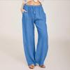 Women Linen Pants Dressy Casual Straight Leg High Elastic Waist Beach Trousers Trendy Drawstring Relaxed Fit Pant with Pocket view 2