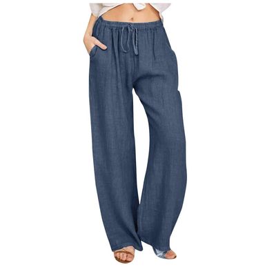 Women Linen Pants Dressy Casual Straight Leg High Elastic Waist Beach Trousers Trendy Drawstring Relaxed Fit Pant with Pocket