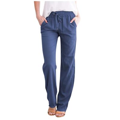 Women Linen Pants Dressy Casual Straight Leg High Elastic Waist Beach Trousers Trendy Drawstring Relaxed Fit Pant with Pocket