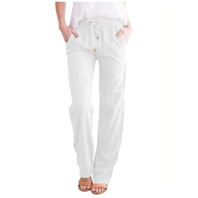 Women Linen Pants Dressy Casual Straight Leg High Elastic Waist Beach Trousers Trendy Drawstring Relaxed Fit Pant with Pocket