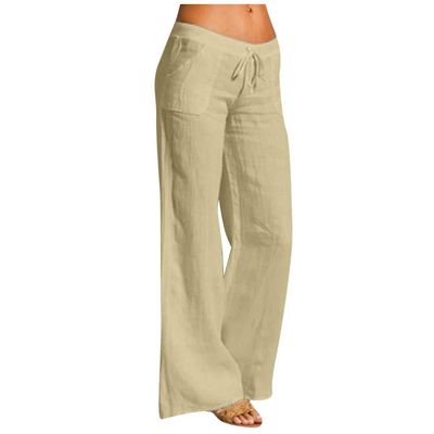 Women Linen Pants Dressy Casual Straight Leg High Elastic Waist Beach Trousers Trendy Drawstring Relaxed Fit Pant with Pocket