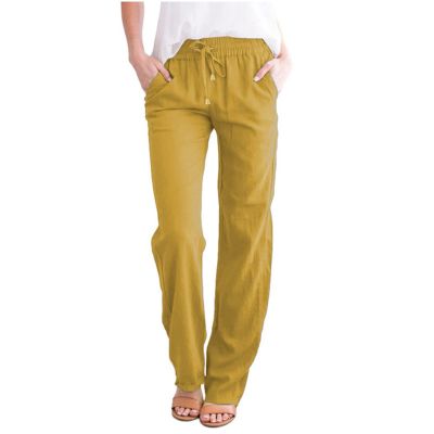 Women Linen Pants Dressy Casual Straight Leg High Elastic Waist Beach Trousers Trendy Drawstring Relaxed Fit Pant with Pocket