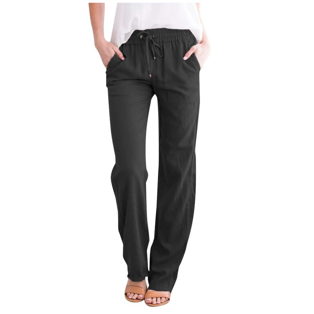 Women Linen Pants Dressy Casual Straight Leg High Elastic Waist Beach Trousers Trendy Drawstring Relaxed Fit Pant with Pocket