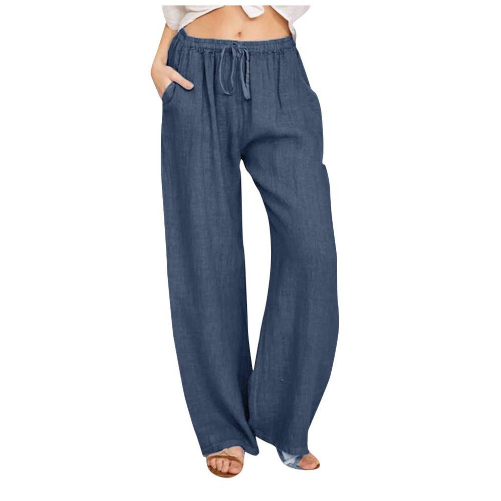 Women Linen Pants Dressy Casual Straight Leg High Elastic Waist Beach Trousers Trendy Drawstring Relaxed Fit Pant with Pocket