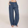Women Linen Pants Dressy Casual Straight Leg High Elastic Waist Beach Trousers Trendy Drawstring Relaxed Fit Pant with Pocket view 2