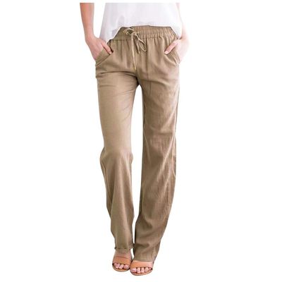 Women Linen Pants Dressy Casual Straight Leg High Elastic Waist Beach Trousers Trendy Drawstring Relaxed Fit Pant with Pocket