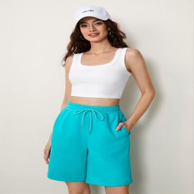 ABZEKH Shorts for Women Shorts Women's Shorts Cotton Drawstring Waist Slant Pocket Solid Shorts Shorts (Color : Mint Blue, Size : Small)