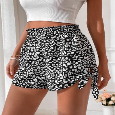 ABZEKH Shorts for Women Shorts Women's Shorts Ditsy Floral Knot Side Paperbag Waist Shorts Shorts (Color : Black and White, Size : X-Large)