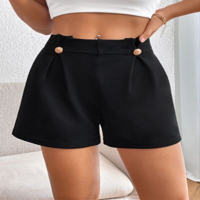 ABZEKH Shorts for Women Shorts Women's Shorts Solid Button Detail Shorts Shorts (Color : Black, Size : Medium)