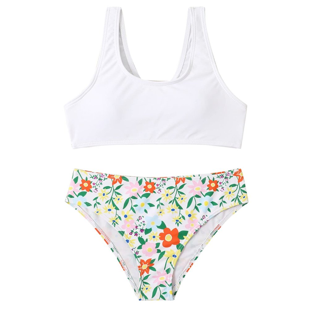 Swimsuit Girls 10-12 Summer Big Kids Girls Bathing Suits 2 Piece Swimsuit Kids Floral Bikini Set Big (White, 8-9 Years)