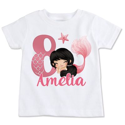 Pink Mermaid Birthday Shirt, Customizable, White, Brown Haired Mermaid (Adult M)
