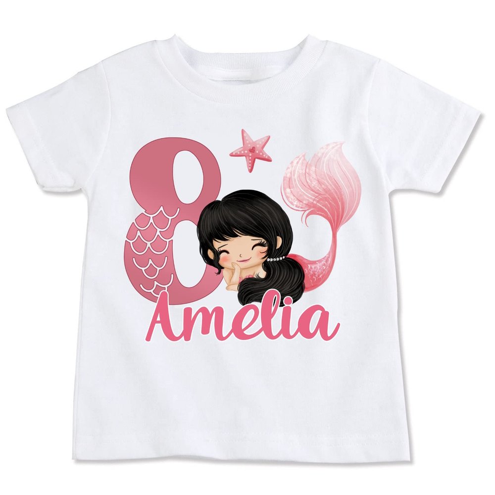 Pink Mermaid Birthday Shirt, Customizable, White, Brown Haired Mermaid (Adult M)