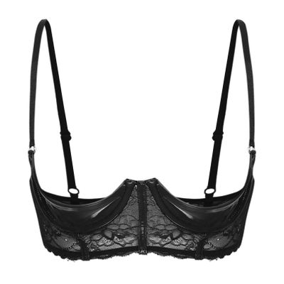 YiZYiF Women's PVC Leather Balconette 1/4 Cups Underwired Push Up Shelf Bra Top Bralette Lingerie Black G XX-Large