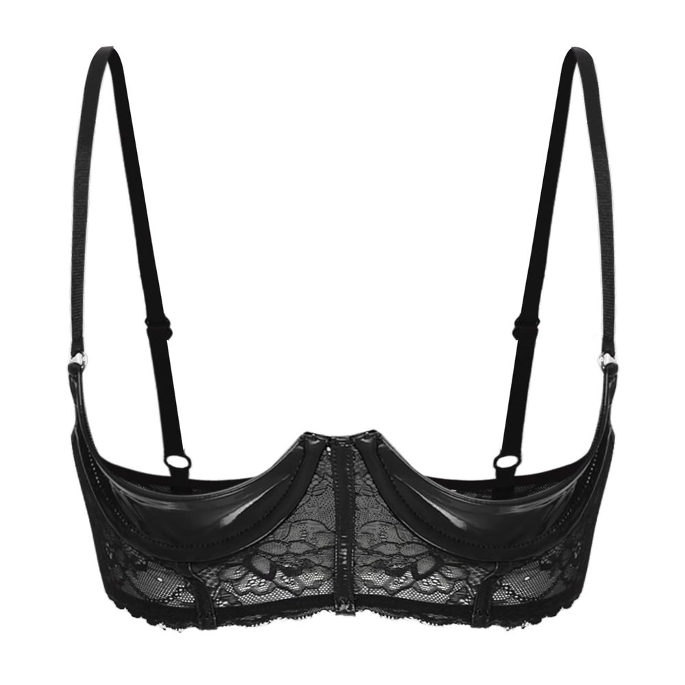 YiZYiF Women's PVC Leather Balconette 1/4 Cups Underwired Push Up Shelf Bra Top Bralette Lingerie Black G XX-Large