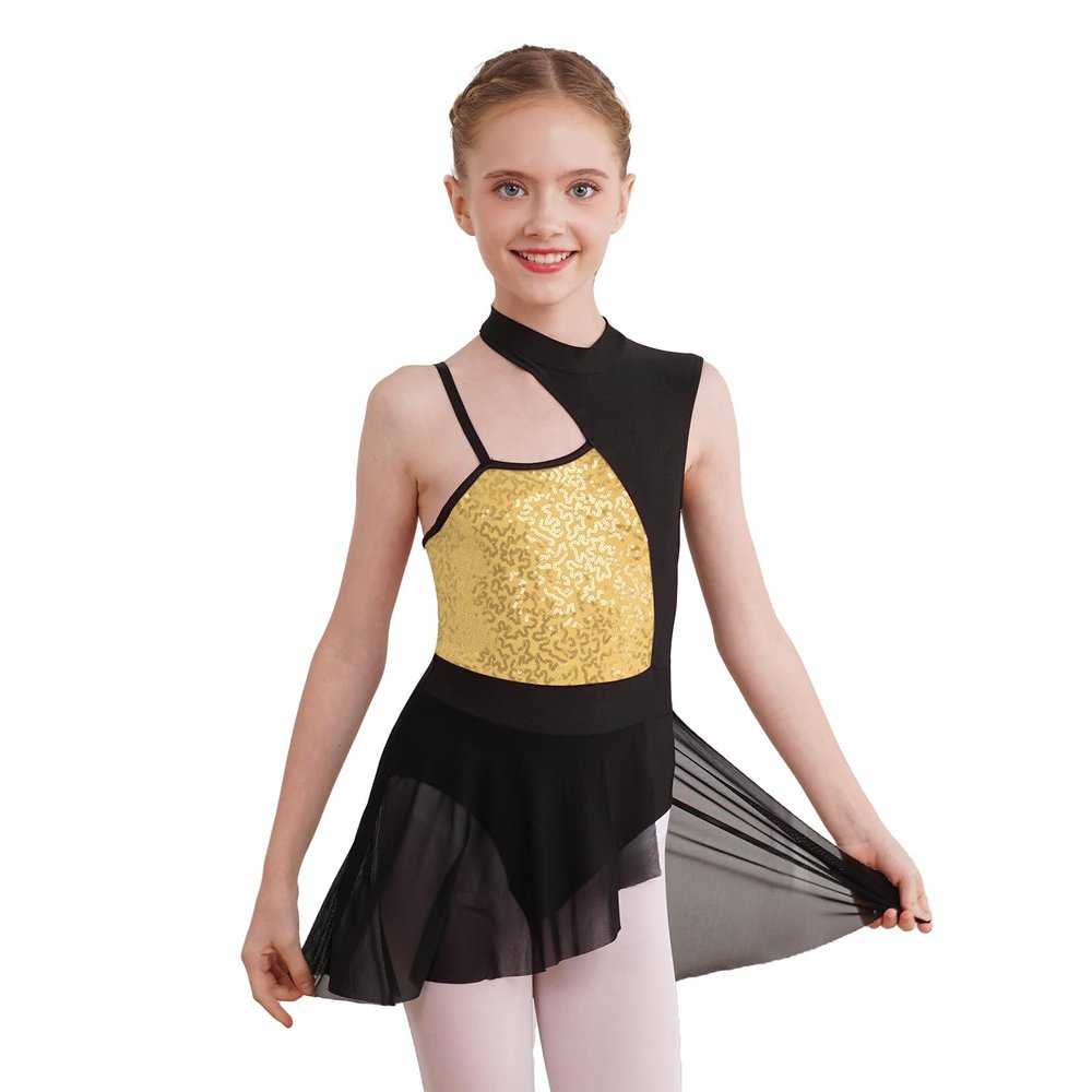 FEESHOW Girls Kids Mock-Neck Sleeveless Lyrical Dance Dress Contemporary Ballet Leotard Wrap Skirt Dance wear Gold 6 Years