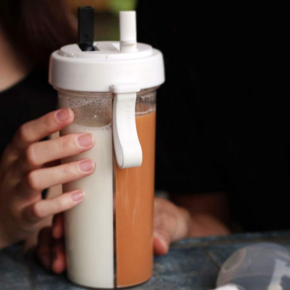 600ml Dual Chamber Cup Two Straws Water Bottle, Innovative Dual Use Water Bottle Two Straws Water Cup For Home Outdoor Camping Sport Travel Office(White)