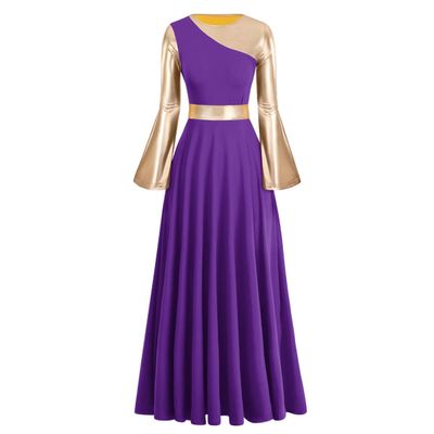Praise Dance Dresses for Women Liturgical Worship Church Lyrical Dancewear Golden Metallic Color Block Bell Long Sleeve Pleated Swing Full Length Loose Fit Maxi Robe Prayer Clothes Purple 3XL