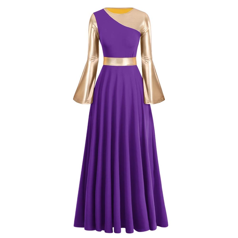 Praise Dance Dresses for Women Liturgical Worship Church Lyrical Dancewear Golden Metallic Color Block Bell Long Sleeve Pleated Swing Full Length Loose Fit Maxi Robe Prayer Clothes Purple 3XL