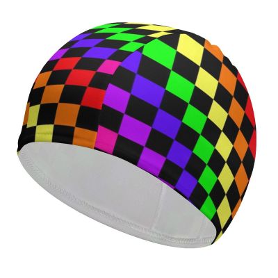 Black Rainbow Checkerboard Pattern Print Swimming Cap Swim Hats Unisex Long Hair Swimming Cap Decor for Men and Women Adult