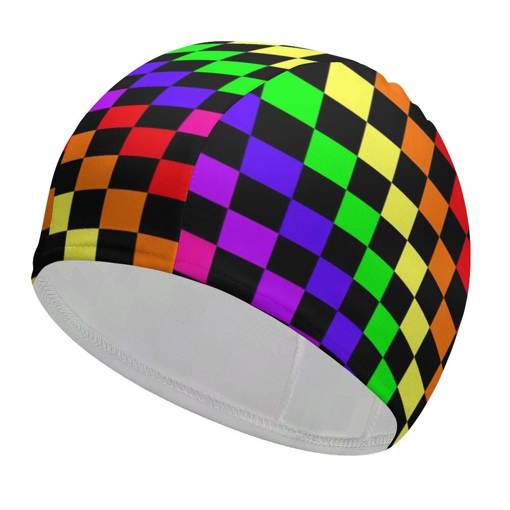 Black Rainbow Checkerboard Pattern Print Swimming Cap Swim Hats Unisex Long Hair Swimming Cap Decor for Men and Women Adult