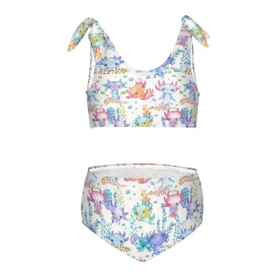 Aflyko Ocean Girls' Swimwear Fantasy Axolotls Floral 2-Piece Bikini Set Summer Swimsuit Vacation Bathing Suit Hawaii Beachwear Water Sport Tankini Set 9-10T