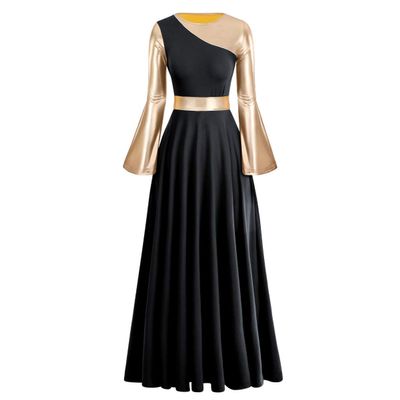 Praise Dance Dresses for Women Liturgical Worship Church Lyrical Dancewear Golden Metallic Color Block Bell Long Sleeve Pleated Swing Full Length Loose Fit Maxi Robe Prayer Clothes Black S