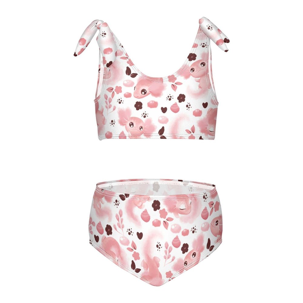 Aflyko Ocean Girls' Swimwear Axolotl Cartoon Pink 2-Piece Bikini Set Summer Swimsuit Holiday Bathing Suit Pool Party Beachwear Water Sport Tankini Set 5-6T