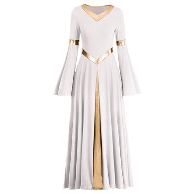 Praise Dance Dresses for Women Liturgical Worship Church Lyrical Dancewear Golden Metallic V-Neck Bell Long Sleeve Pleated Swing Full Length Loose Fit Maxi Robe Prayer Clothes White XS