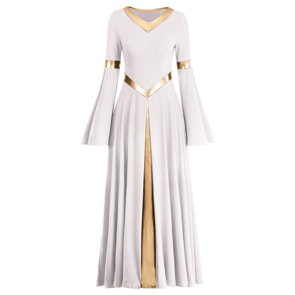 Praise Dance Dresses for Women Liturgical Worship Church Lyrical Dancewear Golden Metallic V-Neck Bell Long Sleeve Pleated Swing Full Length Loose Fit Maxi Robe Prayer Clothes White XS