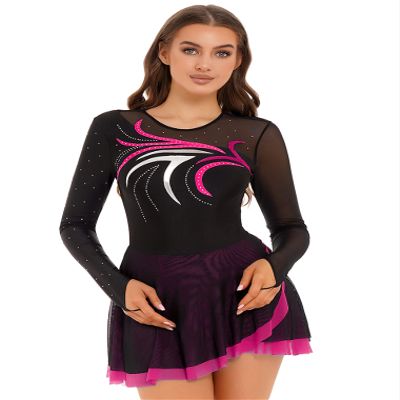 vastwit Women's Glitter Rhinestone Long Sleeve Figure Ice Skating Dress Mesh Patchwork Ballet Dance Leotard Hot Pink XX-Large