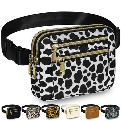 Capolo Fanny Packs for Women Fashion Waist Packs Bag with Adjustable Strap and 4 Zipper Pockets Waterproof Everywhere Crossbody Belt Bag for Workout Running Travelling(Cow Print)